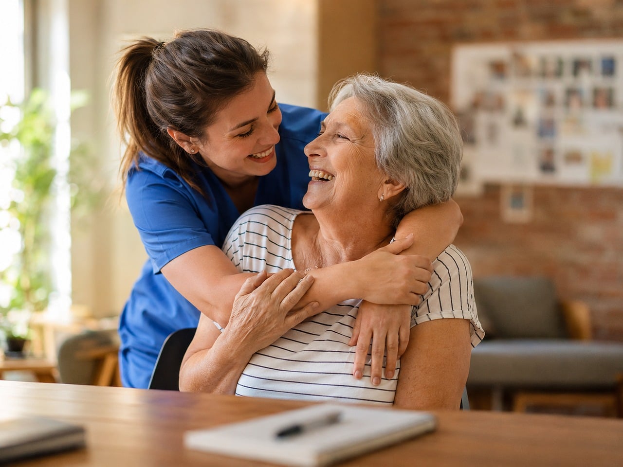 Seniors socializing in a bright assisted living community