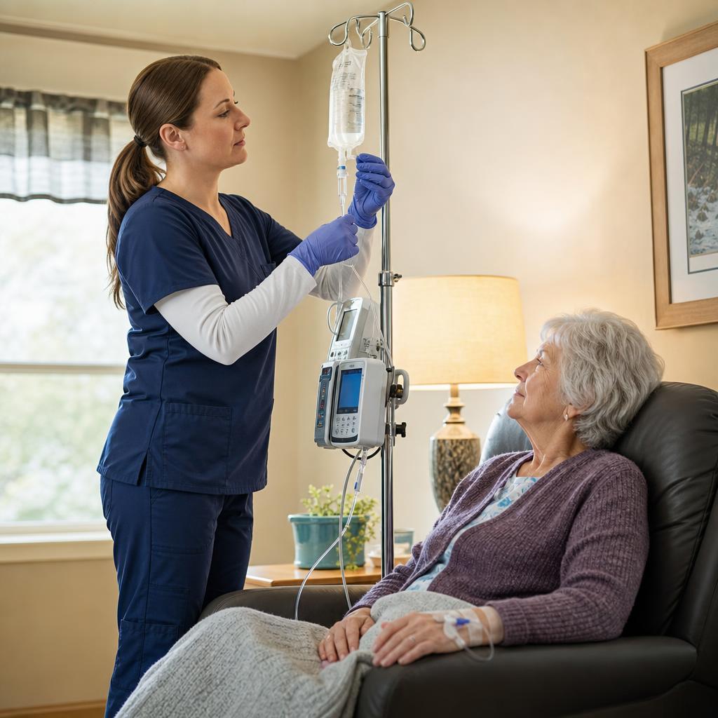 An IV infusion bag in a clinical setting