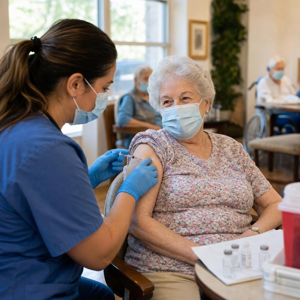 A nurse administering a vaccine to an older adult